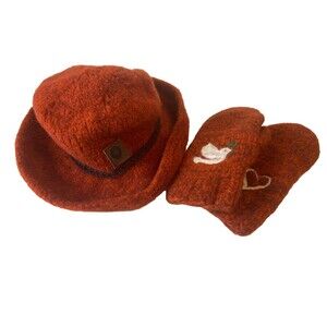 Handmade Burnt Orange Wool Bucket Hat And Mittens